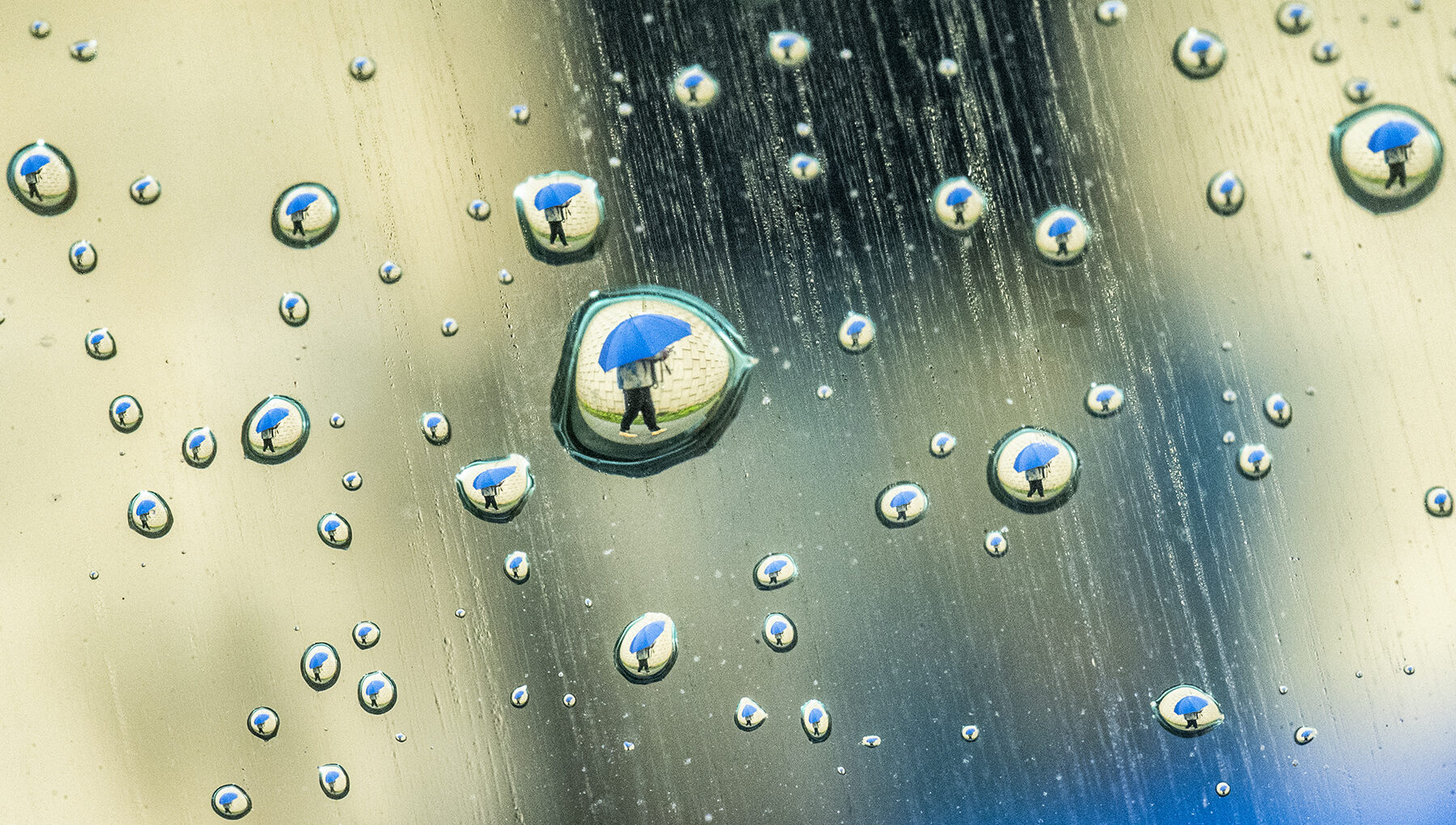 A person holding an umbrella is seen reflected in raindrops.